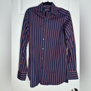 SEIZE SUR VINGT Men’s 100%‎ Cotton Maroon Blue Striped Italian Button Down